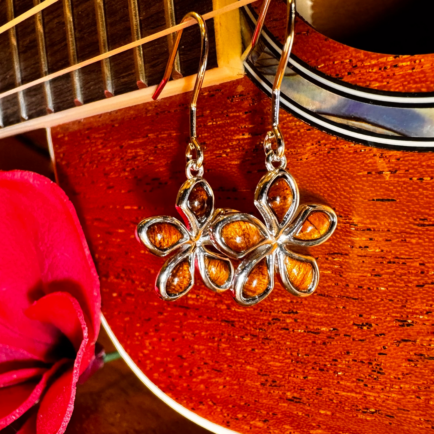 925 Sterling Silver Koa Wood Plumeria Flower Dangle Earrings – A Timeless Island Treasure