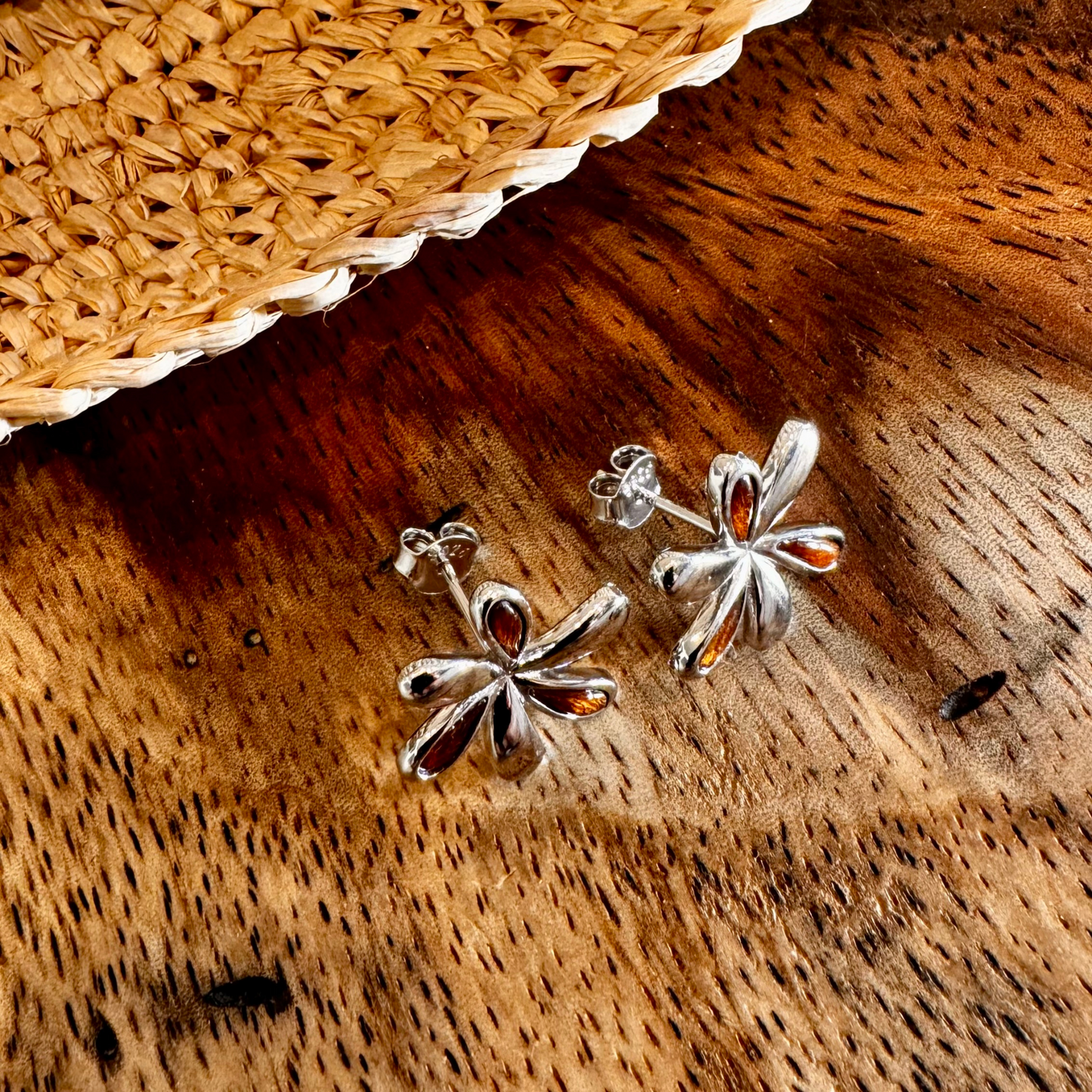 Women's Wahine Tiare Hawaiian Koa Wood Stud Earrings in 925 Sterling Silver