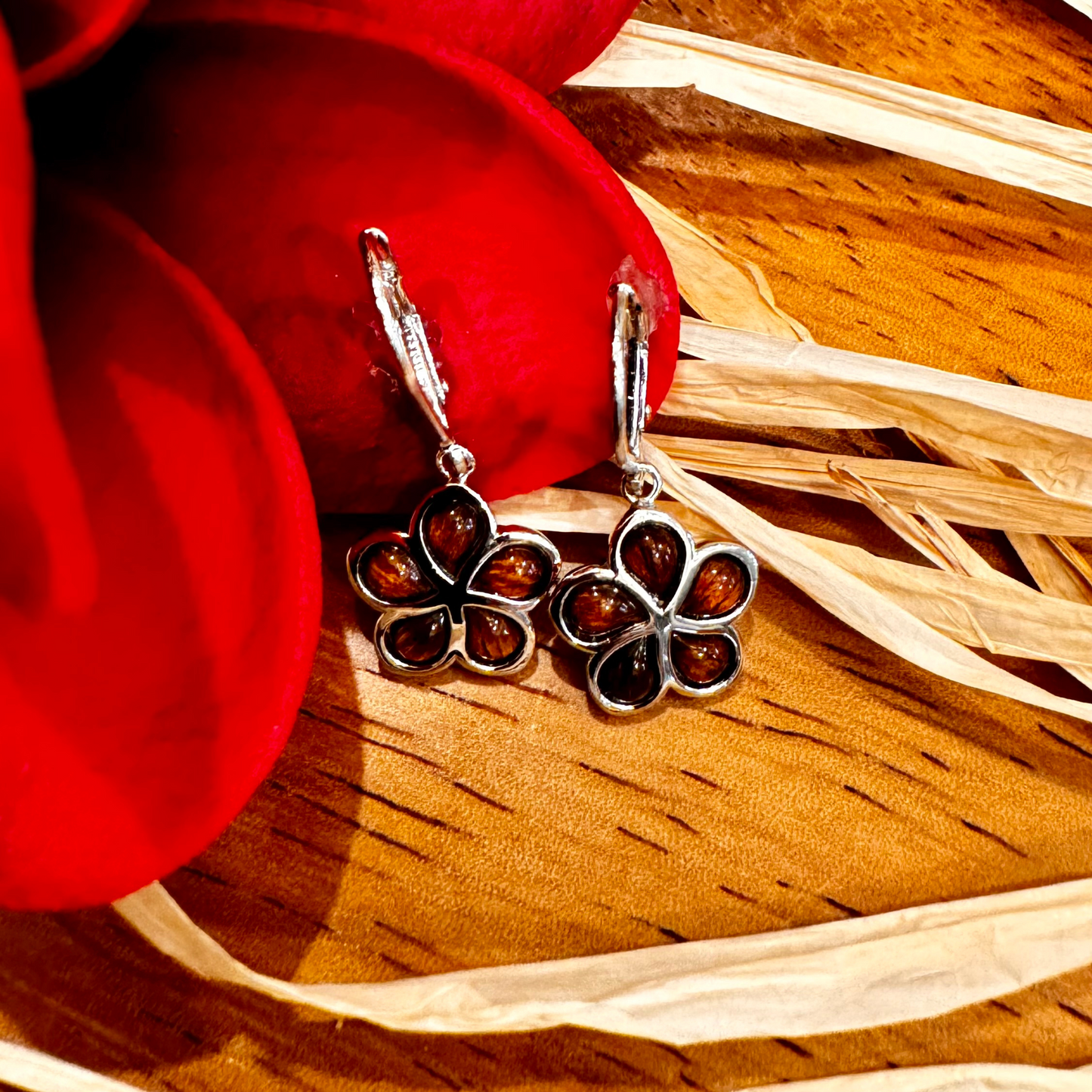 Beautiful Plumeria Koa Wood Hook Earrings Rhodium Plated in 925 Sterling Silver