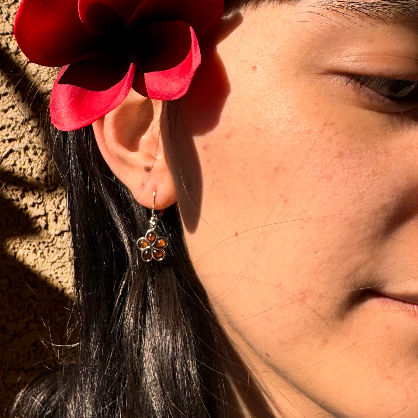 Beautiful Plumeria Koa Wood Hook Earrings Rhodium Plated in 925 Sterling Silver