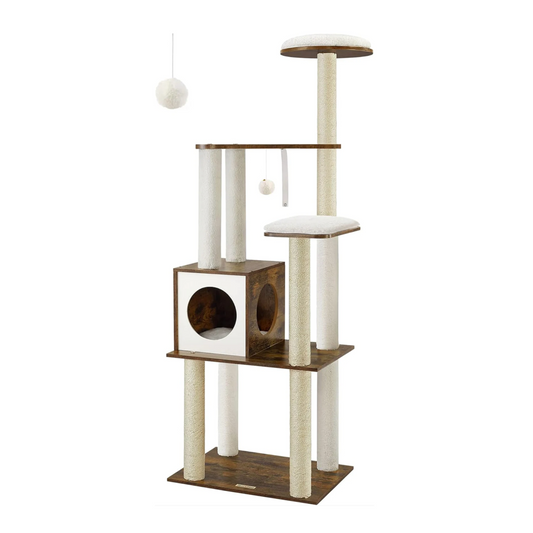Woodywonders Cat Tree, 65-Inch Modern Cat Tower for Indoor Cats, Multi-Level Cat Condo with 5 Scratching Posts, Perch, Washable Removable Cushions, Cat Furniture, Rustic Brown UPCT166X01