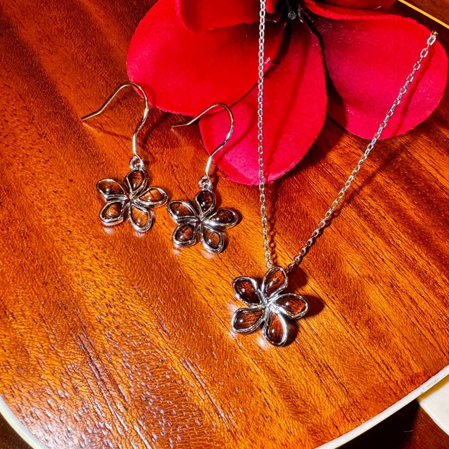 925 Sterling Silver Koa Wood Plumeria Flower Dangle Earrings – A Timeless Island Treasure