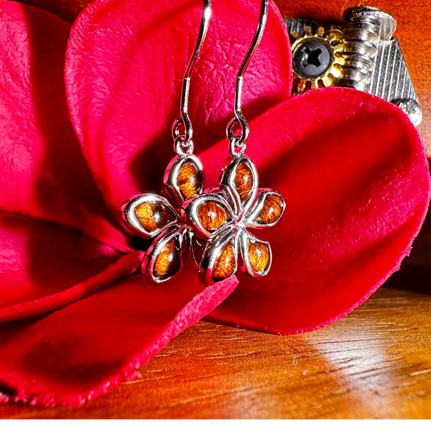925 Sterling Silver Koa Wood Plumeria Flower Dangle Earrings – A Timeless Island Treasure