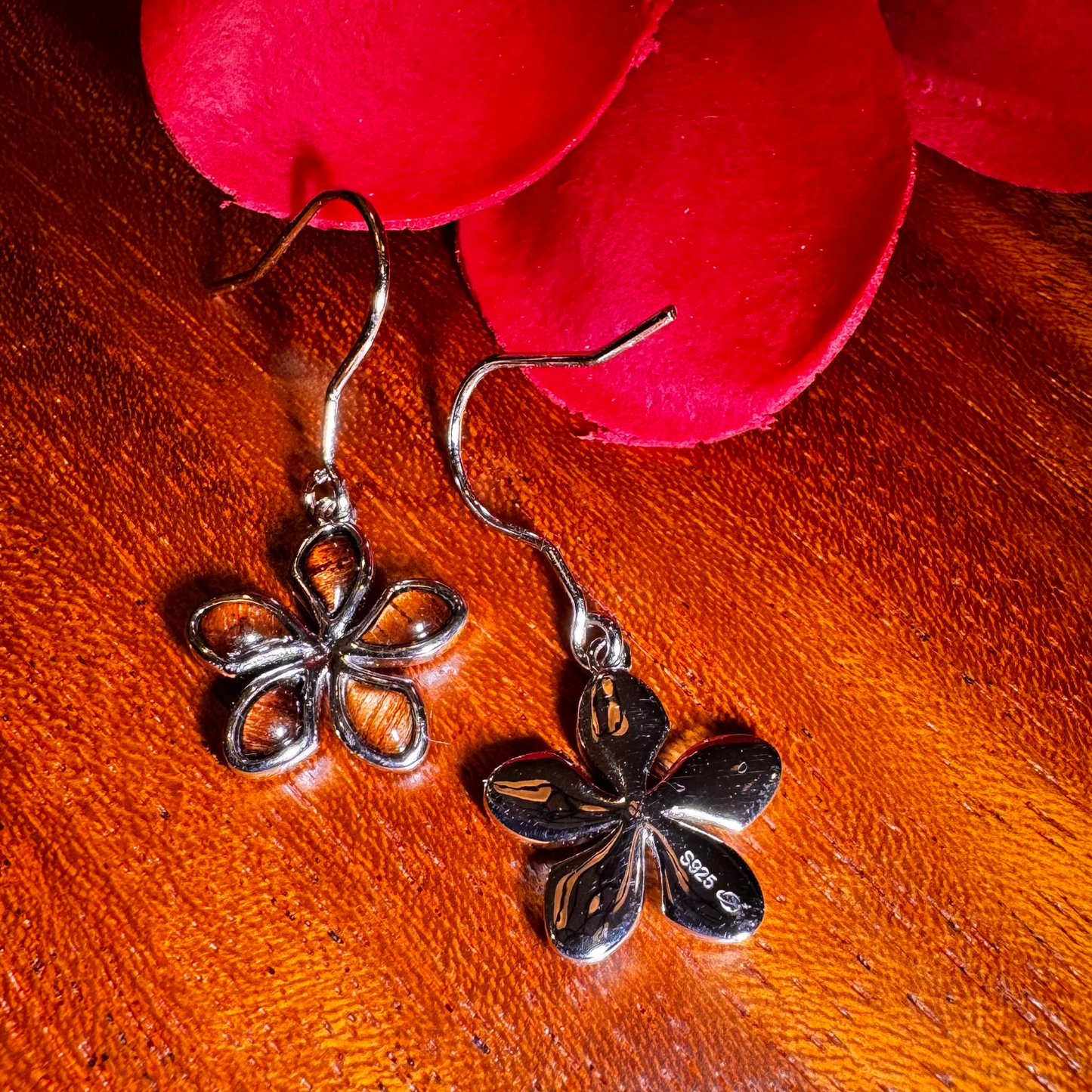 925 Sterling Silver Koa Wood Plumeria Flower Dangle Earrings – A Timeless Island Treasure