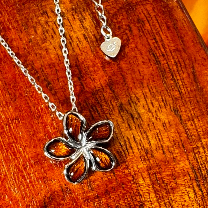Plumeria Flower Koa Wood Pendant Necklace in 925 Sterling Silver  - Perfect for Gifting a Pet Lover