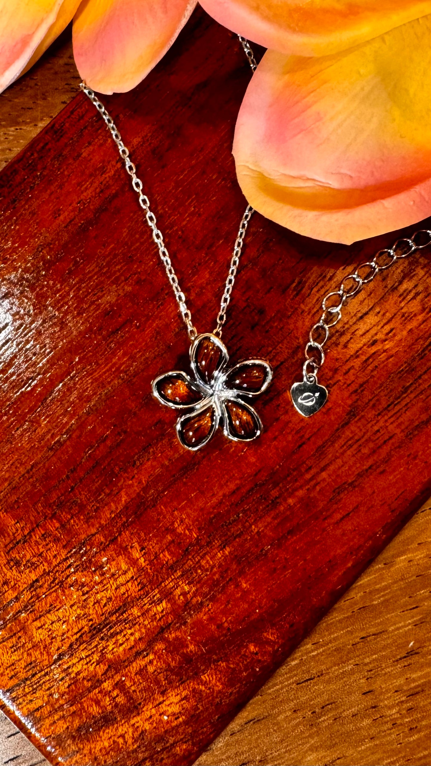 Plumeria Flower Koa Wood Pendant Necklace in 925 Sterling Silver  - Perfect for Gifting a Pet Lover