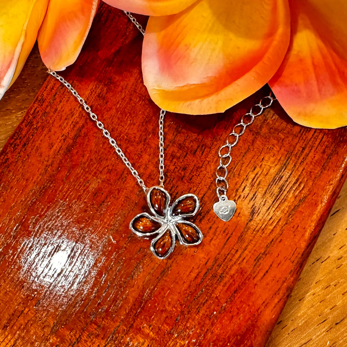 Plumeria Flower Koa Wood Pendant Necklace in 925 Sterling Silver  - Perfect for Gifting a Pet Lover