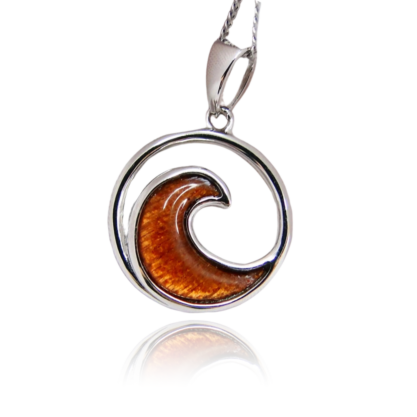 Exclusively Stamped Solid Wave Koa Wood Pendant in 925 Sterling Silver