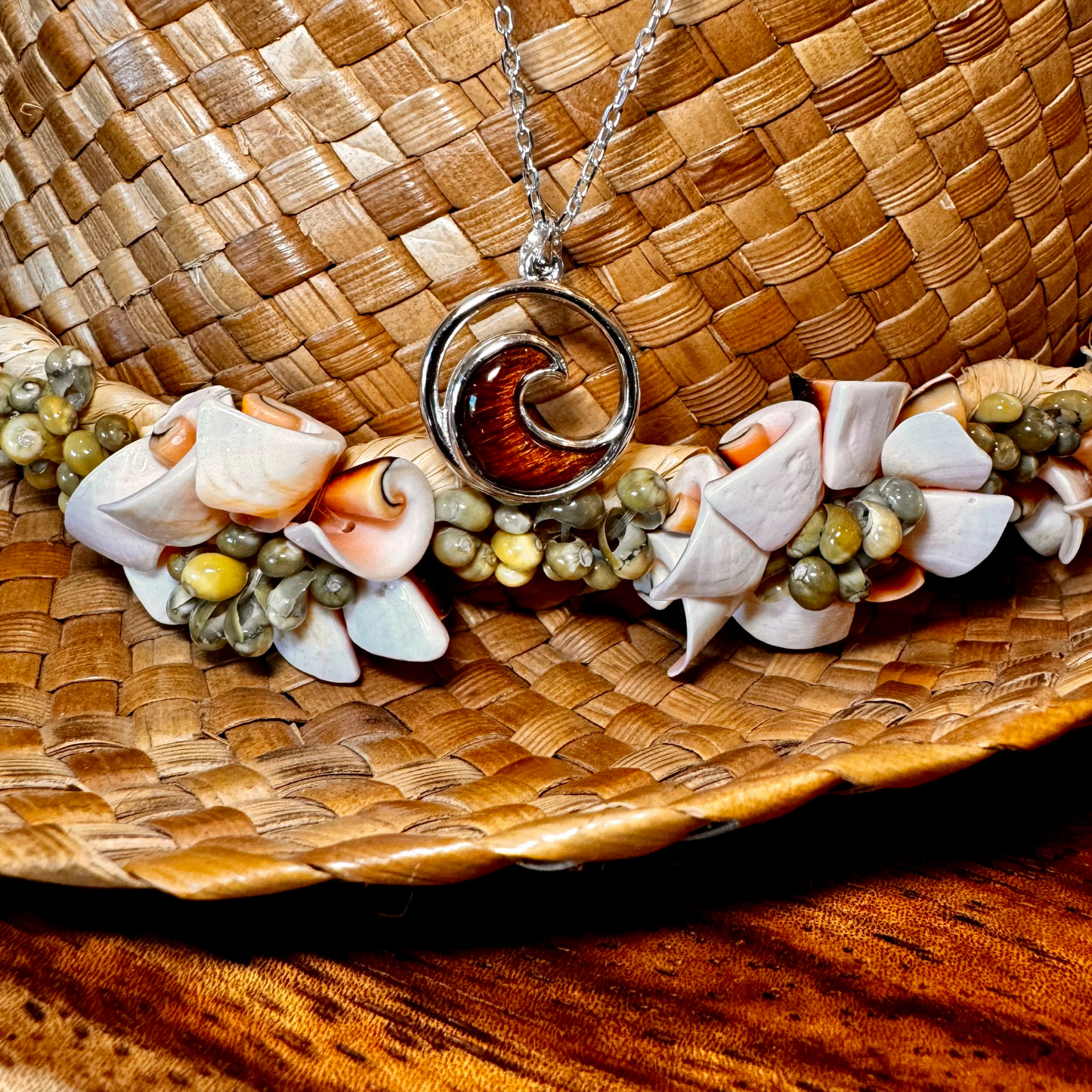 Exclusively Stamped Solid Wave Koa Wood Pendant in 925 Sterling Silver