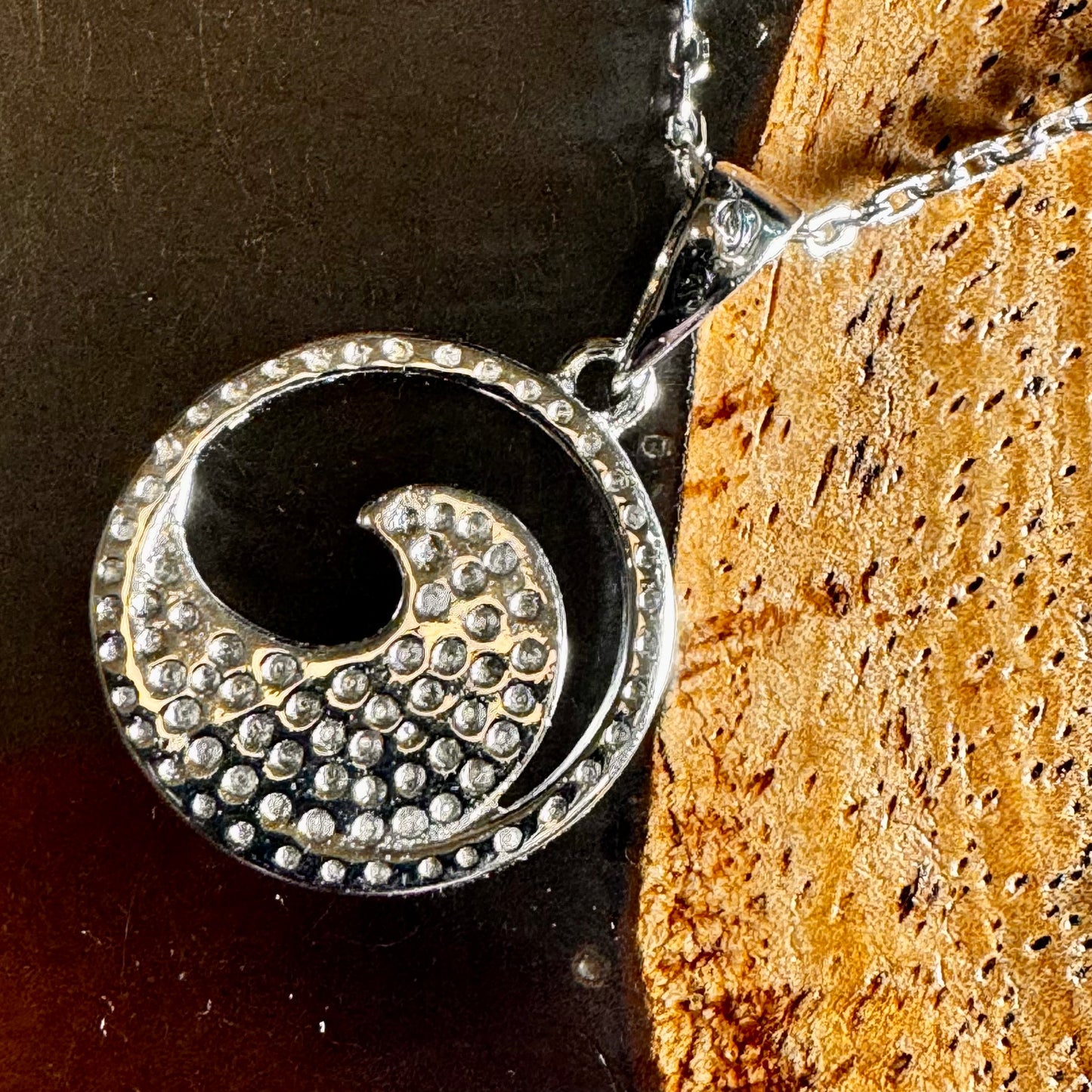 Exclusively Stamped Solid Wave Koa Wood Pendant in 925 Sterling Silver