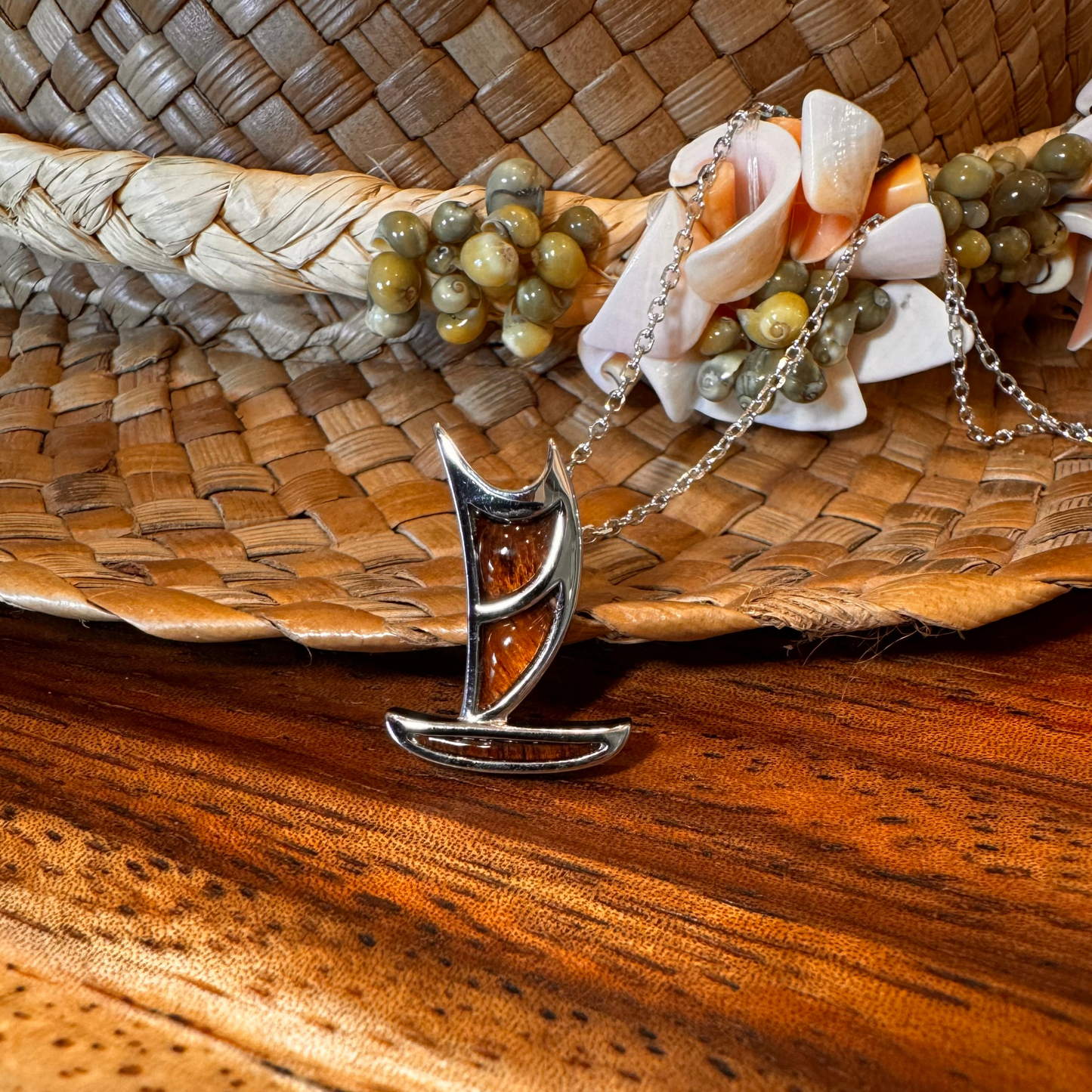 Koa Wood Polynesian Voyaging Canoe Pendant in 925 Sterling Silver