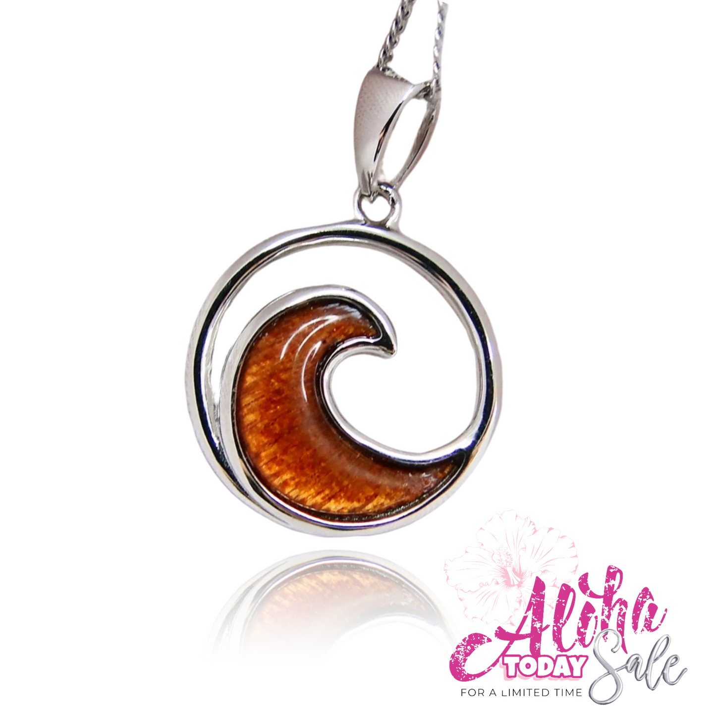 Exclusively Stamped Solid Wave Koa Wood Pendant in 925 Sterling Silver